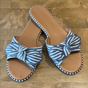 J.Crew Blue Ticking Striped Bow Flat Slide Sandals Sz 8